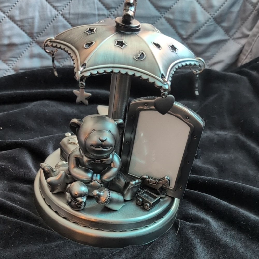 Pewter Teddy Bear music box with photo frame